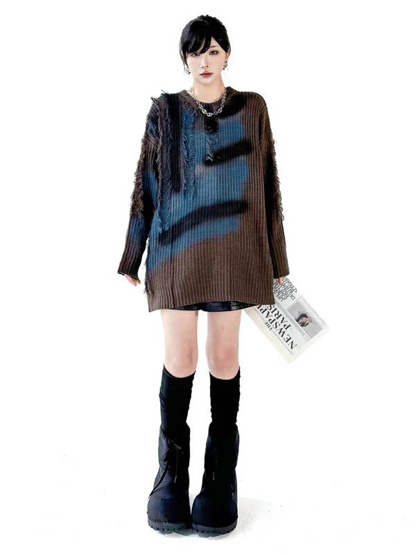 Irregularity Long Sleeves Abstract Printed Asymmetric Contrast Color Split-Joint Tasseled Round-Neck Sweater Tops - Image 6