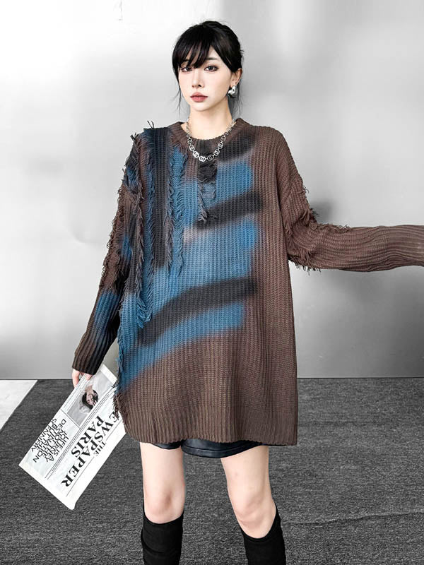 Irregularity Long Sleeves Abstract Printed Asymmetric Contrast Color Split-Joint Tasseled Round-Neck Sweater Tops - Image 7