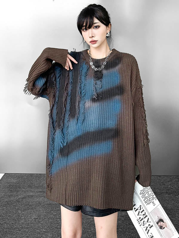 Irregularity Long Sleeves Abstract Printed Asymmetric Contrast Color Split-Joint Tasseled Round-Neck Sweater Tops - Image 8