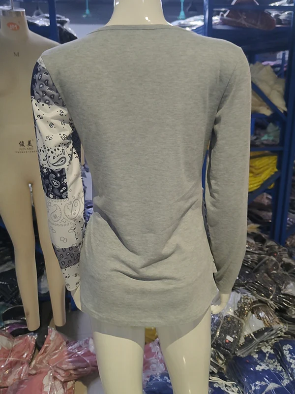 Irregularity Long Sleeves Asymmetric Buckle Contrast Color Pleated Split-Joint Round-Neck T-Shirts Tops - Image 10