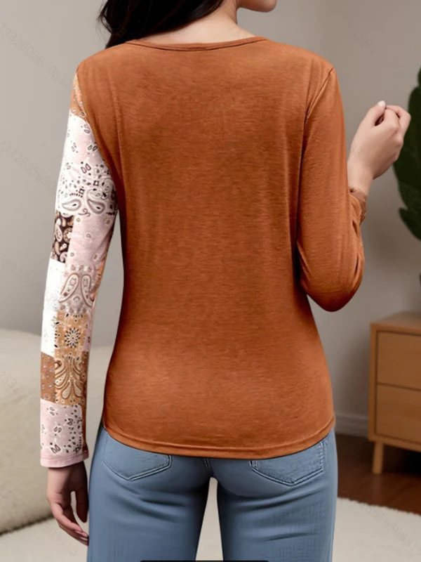 Irregularity Long Sleeves Asymmetric Buckle Contrast Color Pleated Split-Joint Round-Neck T-Shirts Tops - Image 2