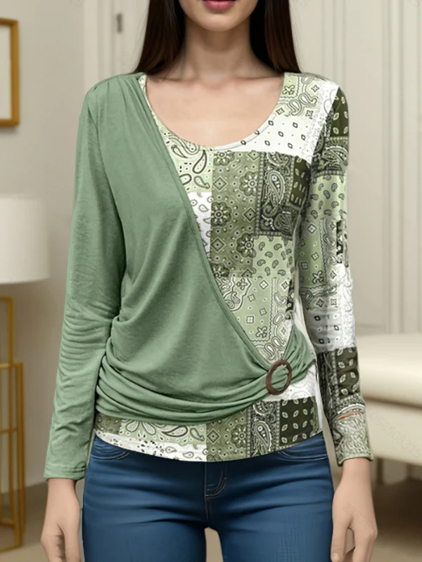 Irregularity Long Sleeves Asymmetric Buckle Contrast Color Pleated Split-Joint Round-Neck T-Shirts Tops - Image 3