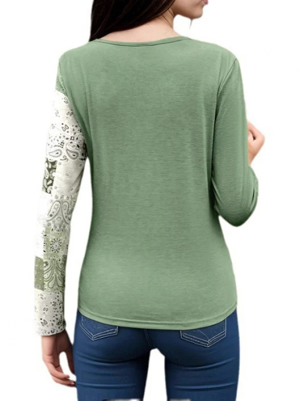 Irregularity Long Sleeves Asymmetric Buckle Contrast Color Pleated Split-Joint Round-Neck T-Shirts Tops - Image 4