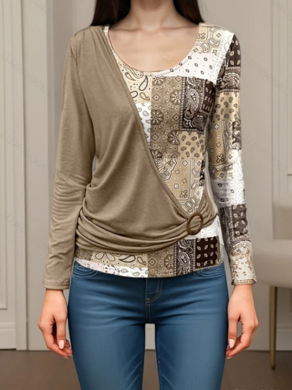Irregularity Long Sleeves Asymmetric Buckle Contrast Color Pleated Split-Joint Round-Neck T-Shirts Tops - Image 5
