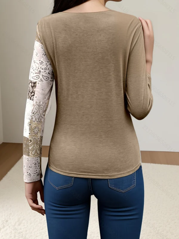 Irregularity Long Sleeves Asymmetric Buckle Contrast Color Pleated Split-Joint Round-Neck T-Shirts Tops - Image 6