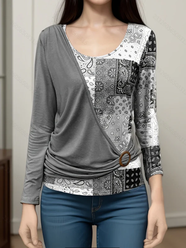 Irregularity Long Sleeves Asymmetric Buckle Contrast Color Pleated Split-Joint Round-Neck T-Shirts Tops - Image 7
