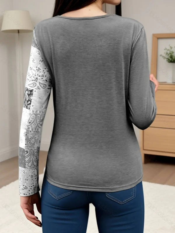 Irregularity Long Sleeves Asymmetric Buckle Contrast Color Pleated Split-Joint Round-Neck T-Shirts Tops - Image 8