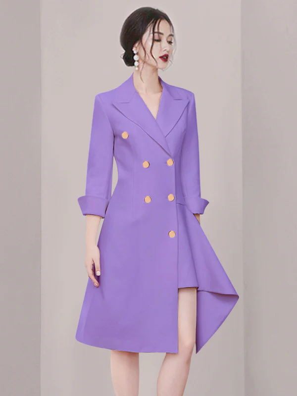 Irregularity Long Sleeves Asymmetric Buttoned Double-Breasted Solid Color Split-Joint Peaked Collar Blazer Mini Dresses - Image 8