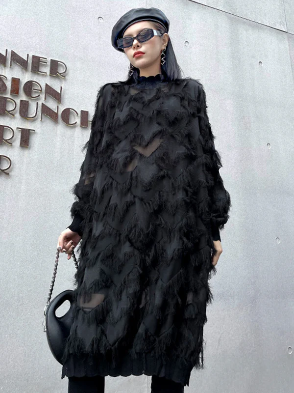 Irregularity Long Sleeves Asymmetric Mesh Pockets See-Through Solid Color Split-Joint Tasseled Stand Collar Midi Dresses - Image 10
