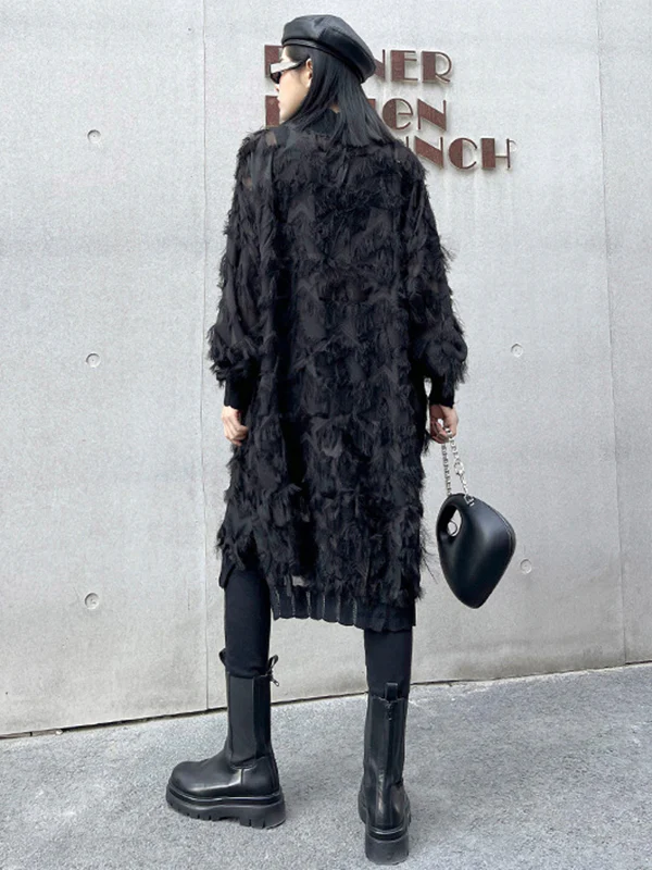 Irregularity Long Sleeves Asymmetric Mesh Pockets See-Through Solid Color Split-Joint Tasseled Stand Collar Midi Dresses - Image 11