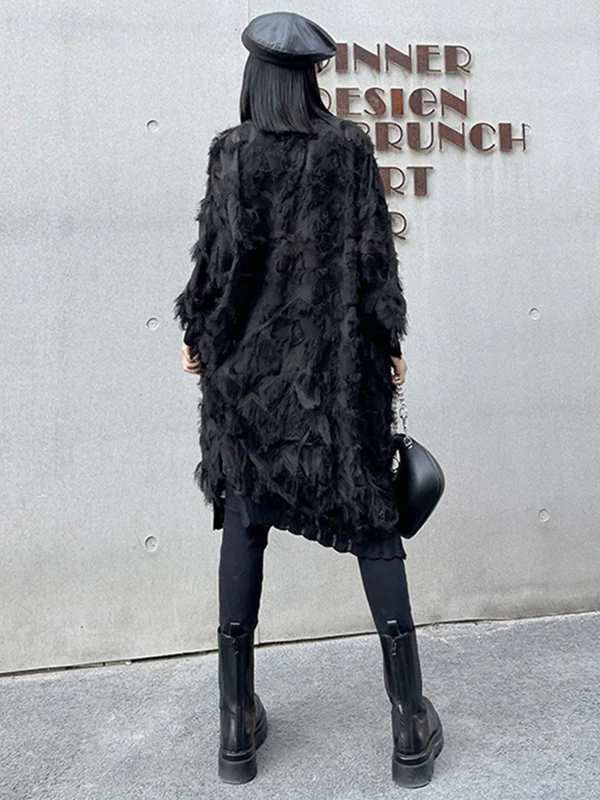 Irregularity Long Sleeves Asymmetric Mesh Pockets See-Through Solid Color Split-Joint Tasseled Stand Collar Midi Dresses - Image 12