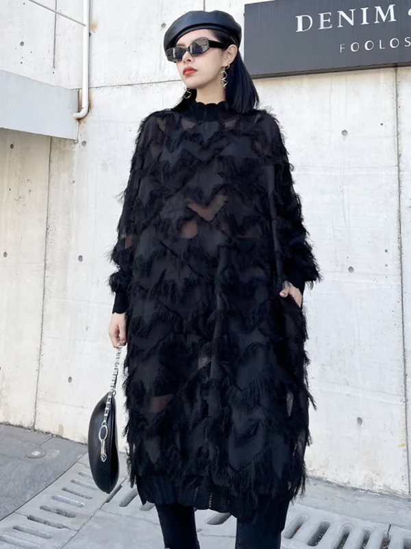 Irregularity Long Sleeves Asymmetric Mesh Pockets See-Through Solid Color Split-Joint Tasseled Stand Collar Midi Dresses - Image 2