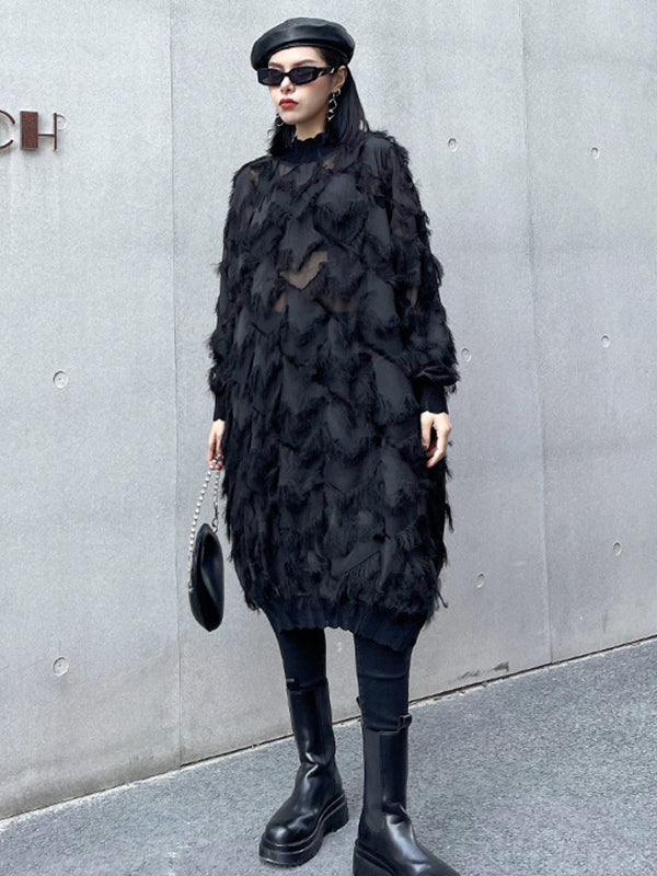 Irregularity Long Sleeves Asymmetric Mesh Pockets See-Through Solid Color Split-Joint Tasseled Stand Collar Midi Dresses - Image 3
