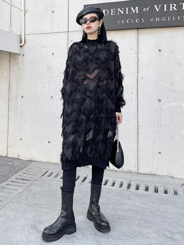 Irregularity Long Sleeves Asymmetric Mesh Pockets See-Through Solid Color Split-Joint Tasseled Stand Collar Midi Dresses - Image 4