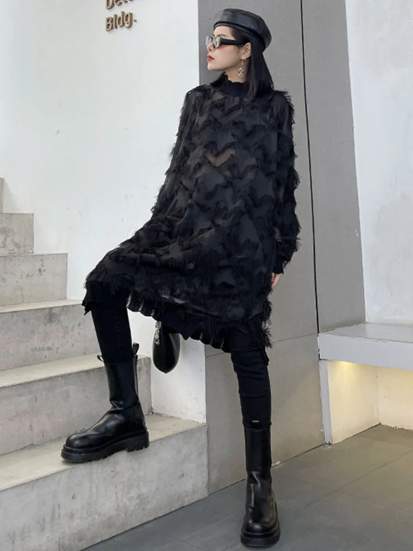 Irregularity Long Sleeves Asymmetric Mesh Pockets See-Through Solid Color Split-Joint Tasseled Stand Collar Midi Dresses - Image 5