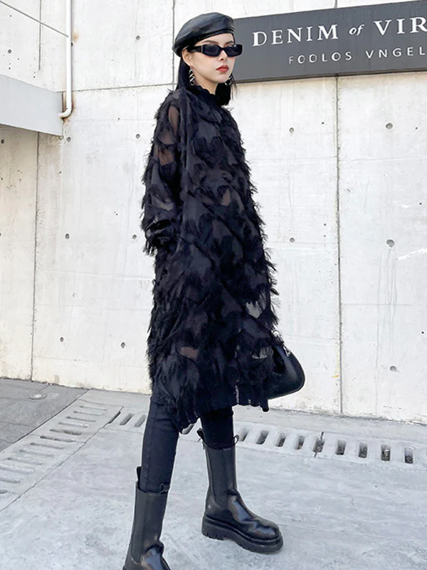 Irregularity Long Sleeves Asymmetric Mesh Pockets See-Through Solid Color Split-Joint Tasseled Stand Collar Midi Dresses - Image 6