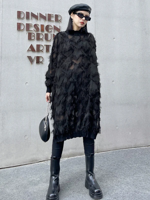 Irregularity Long Sleeves Asymmetric Mesh Pockets See-Through Solid Color Split-Joint Tasseled Stand Collar Midi Dresses - Image 7