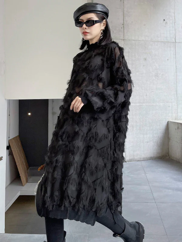Irregularity Long Sleeves Asymmetric Mesh Pockets See-Through Solid Color Split-Joint Tasseled Stand Collar Midi Dresses - Image 8