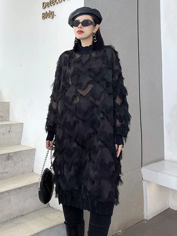 Irregularity Long Sleeves Asymmetric Mesh Pockets See-Through Solid Color Split-Joint Tasseled Stand Collar Midi Dresses - Image 9