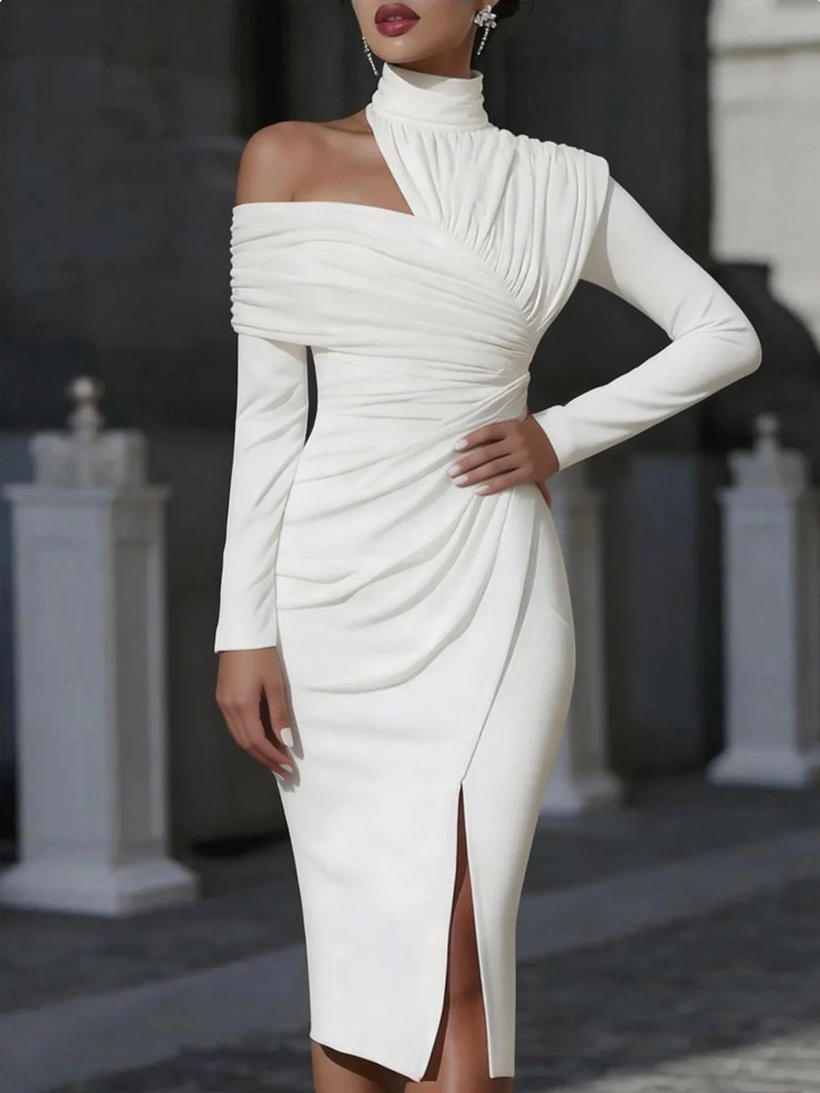 Irregularity Long Sleeves Asymmetric Pleated Solid Color Split-Front Split-Joint Split-Side High Neck Midi Dresses - Image 6