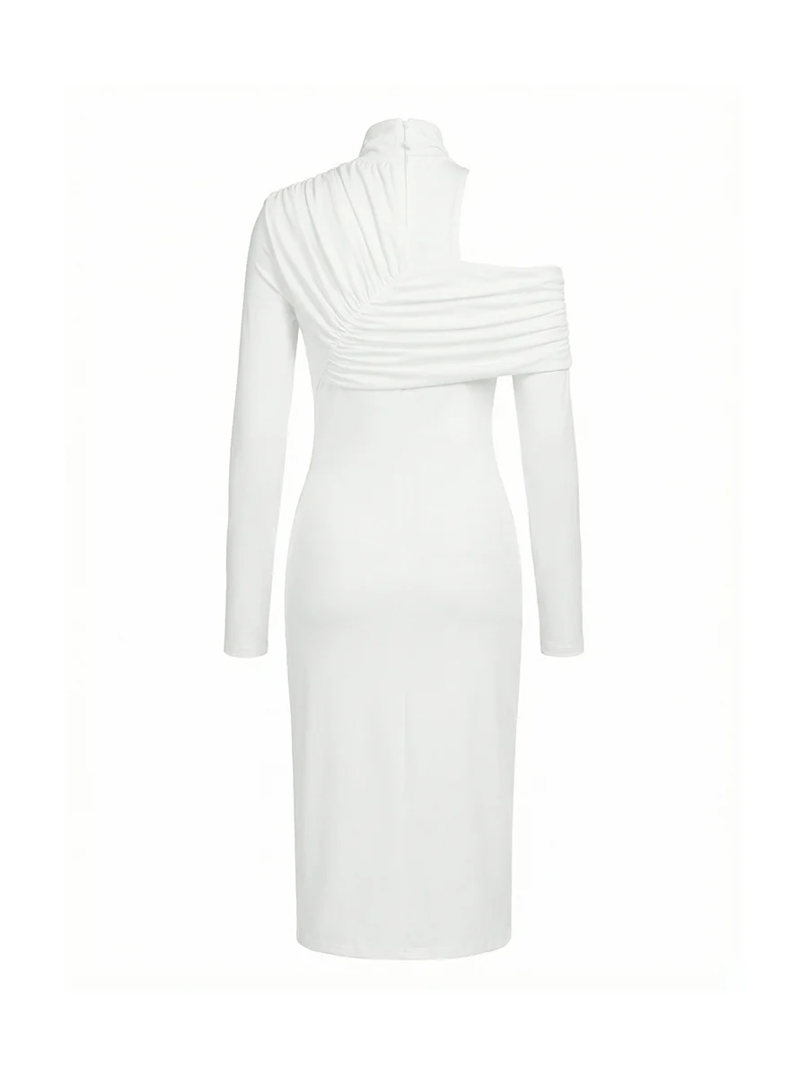 Irregularity Long Sleeves Asymmetric Pleated Solid Color Split-Front Split-Joint Split-Side High Neck Midi Dresses - Image 8
