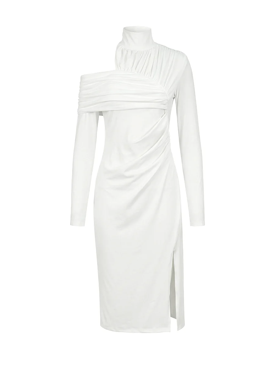 Irregularity Long Sleeves Asymmetric Pleated Solid Color Split-Front Split-Joint Split-Side High Neck Midi Dresses - Image 9
