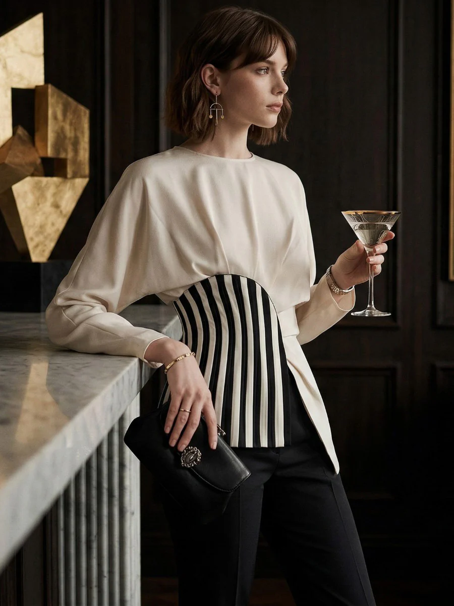 Irregularity Long Sleeves Asymmetric Pleated Split-Joint Striped Zipper Round-Neck Blouses&Shirts Tops - Image 10