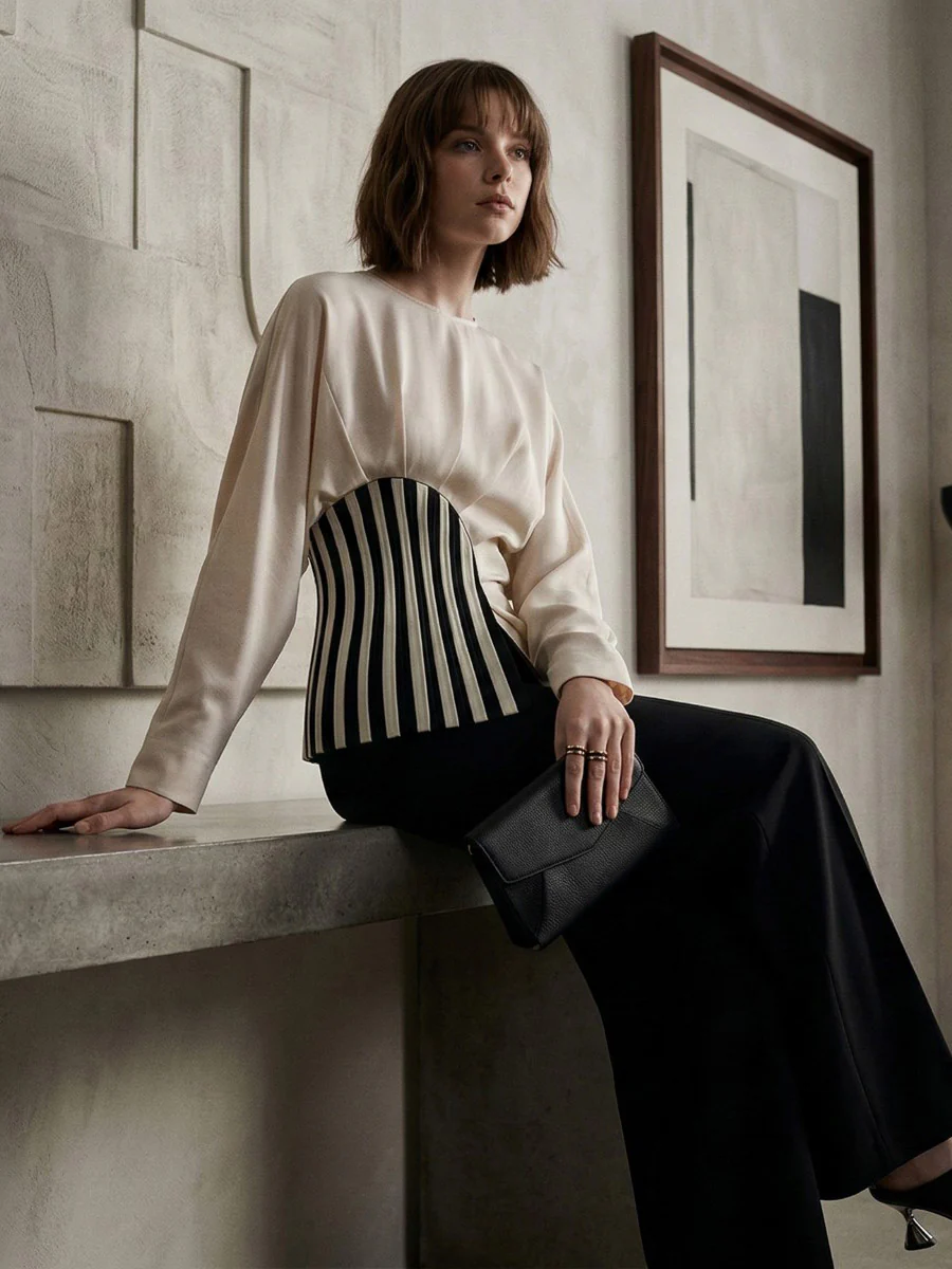 Irregularity Long Sleeves Asymmetric Pleated Split-Joint Striped Zipper Round-Neck Blouses&Shirts Tops - Image 11