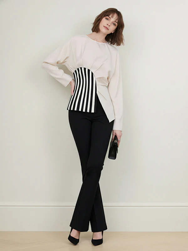 Irregularity Long Sleeves Asymmetric Pleated Split-Joint Striped Zipper Round-Neck Blouses&Shirts Tops - Image 12