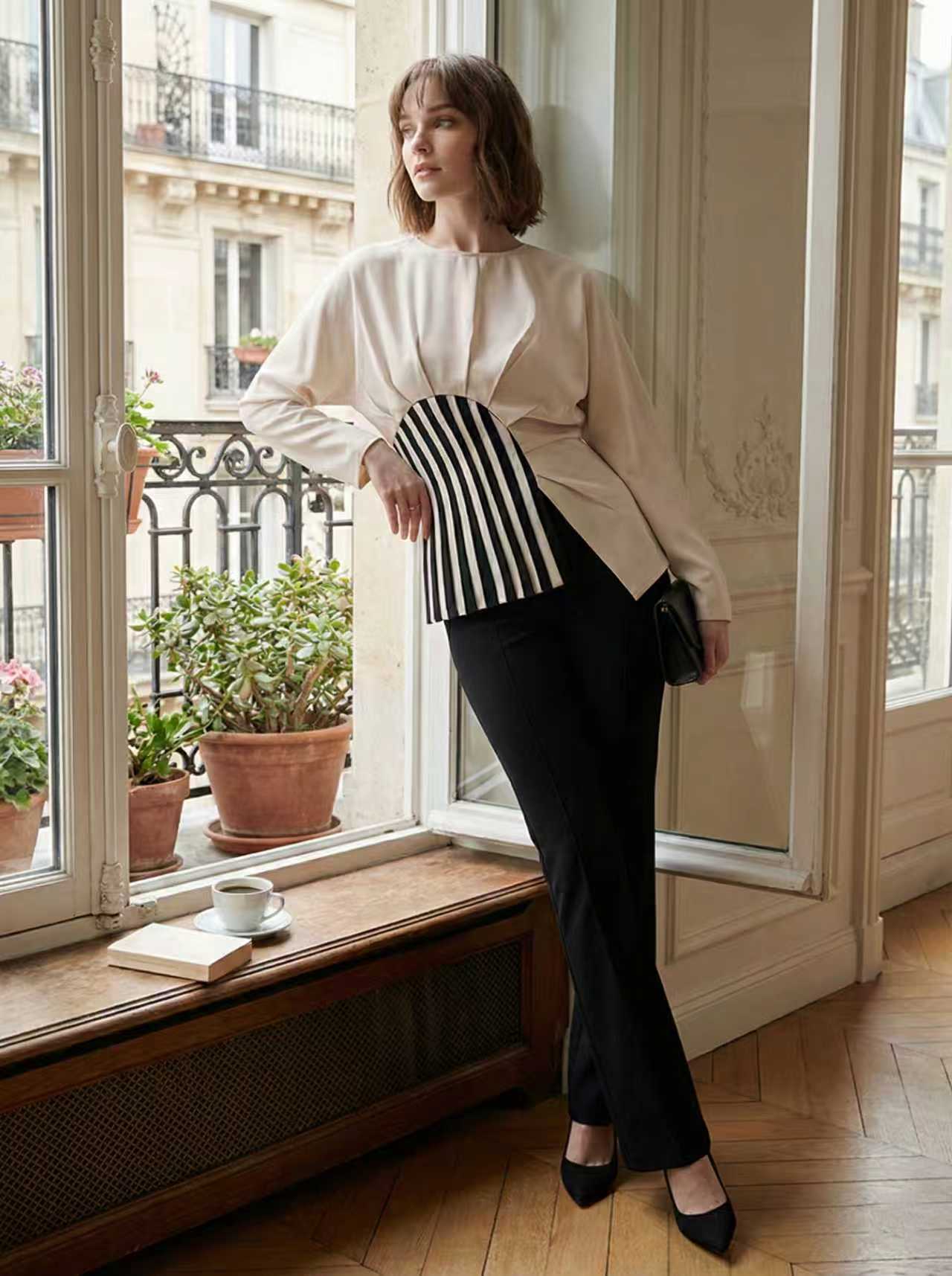 Irregularity Long Sleeves Asymmetric Pleated Split-Joint Striped Zipper Round-Neck Blouses&Shirts Tops - Image 13