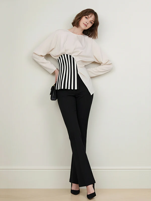 Irregularity Long Sleeves Asymmetric Pleated Split-Joint Striped Zipper Round-Neck Blouses&Shirts Tops - Image 16