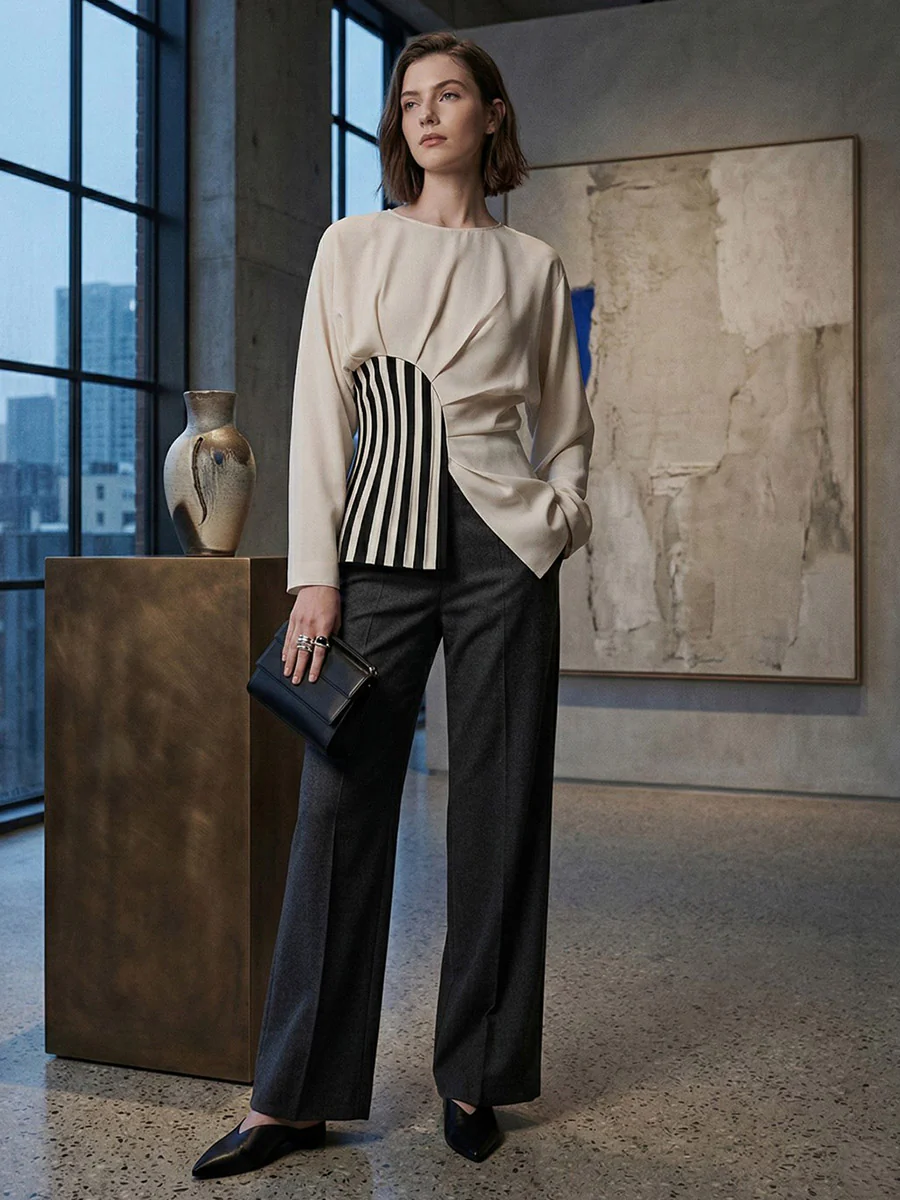 Irregularity Long Sleeves Asymmetric Pleated Split-Joint Striped Zipper Round-Neck Blouses&Shirts Tops - Image 2