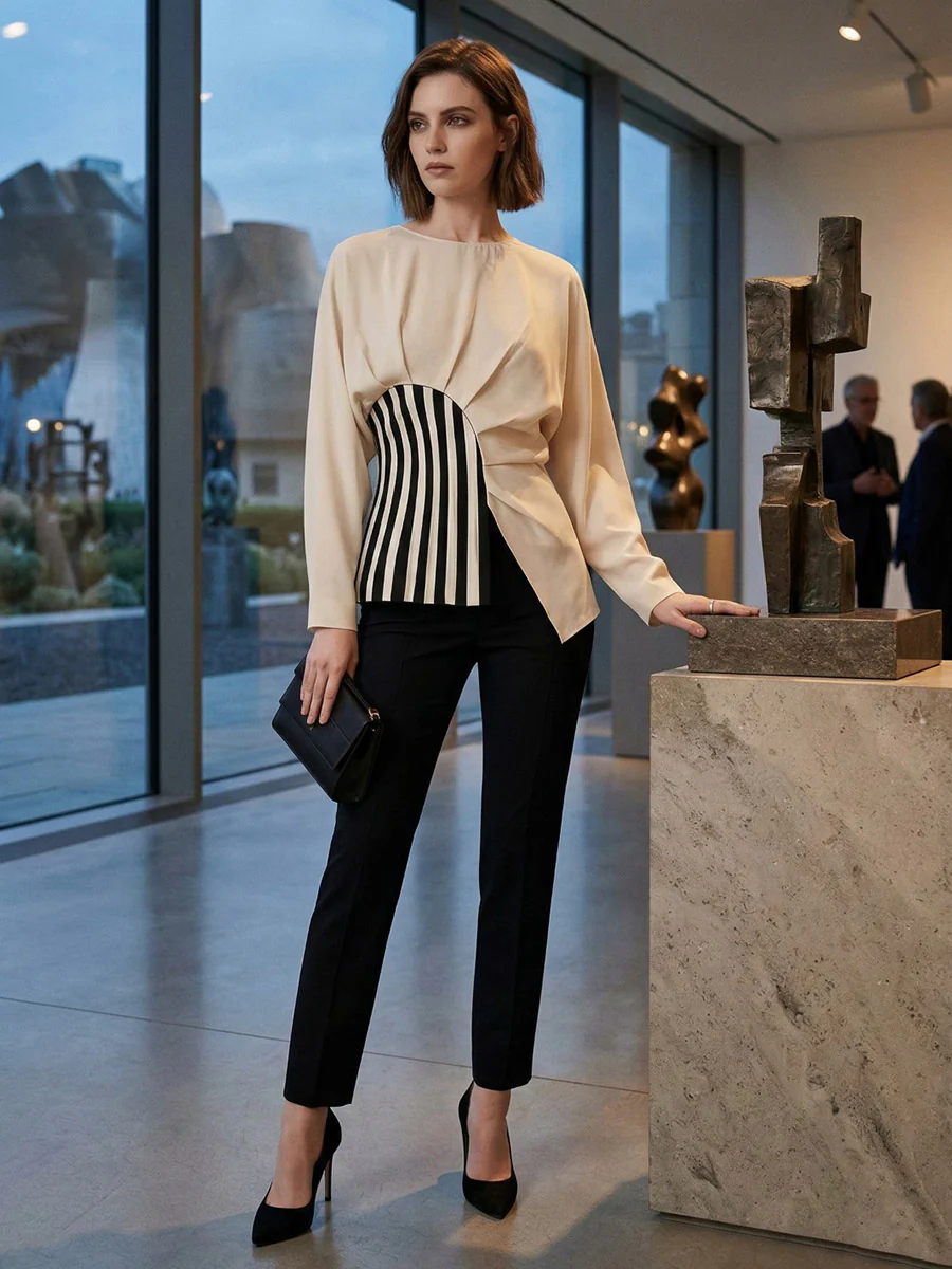 Irregularity Long Sleeves Asymmetric Pleated Split-Joint Striped Zipper Round-Neck Blouses&Shirts Tops - Image 3