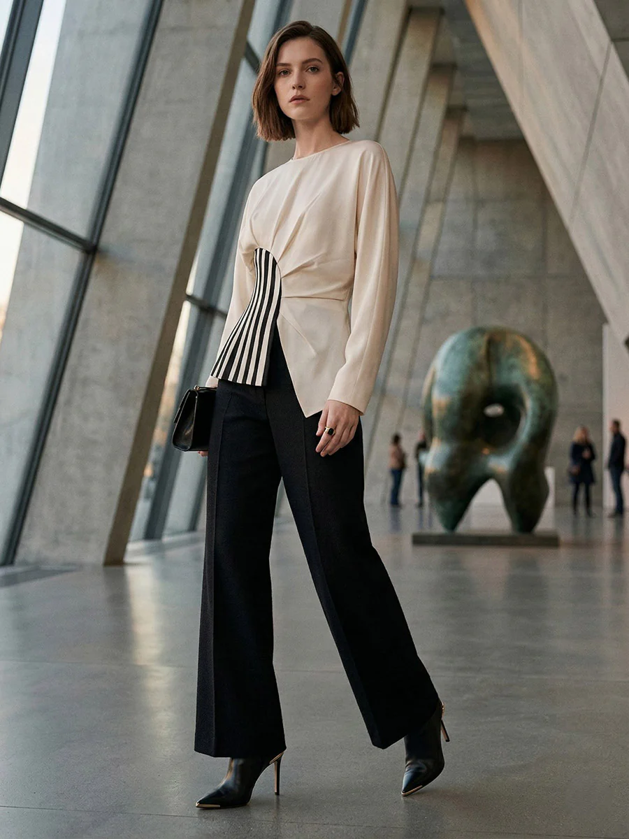 Irregularity Long Sleeves Asymmetric Pleated Split-Joint Striped Zipper Round-Neck Blouses&Shirts Tops - Image 4