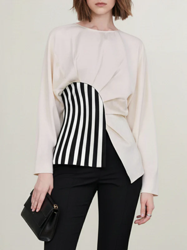 Irregularity Long Sleeves Asymmetric Pleated Split-Joint Striped Zipper Round-Neck Blouses&Shirts Tops - Image 5