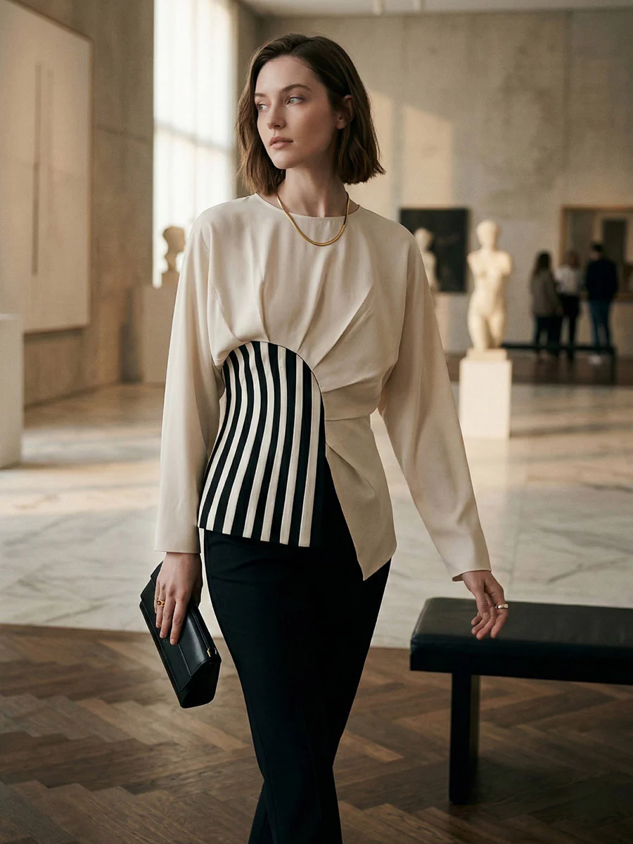 Irregularity Long Sleeves Asymmetric Pleated Split-Joint Striped Zipper Round-Neck Blouses&Shirts Tops - Image 6