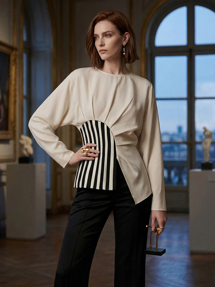 Irregularity Long Sleeves Asymmetric Pleated Split-Joint Striped Zipper Round-Neck Blouses&Shirts Tops - Image 8