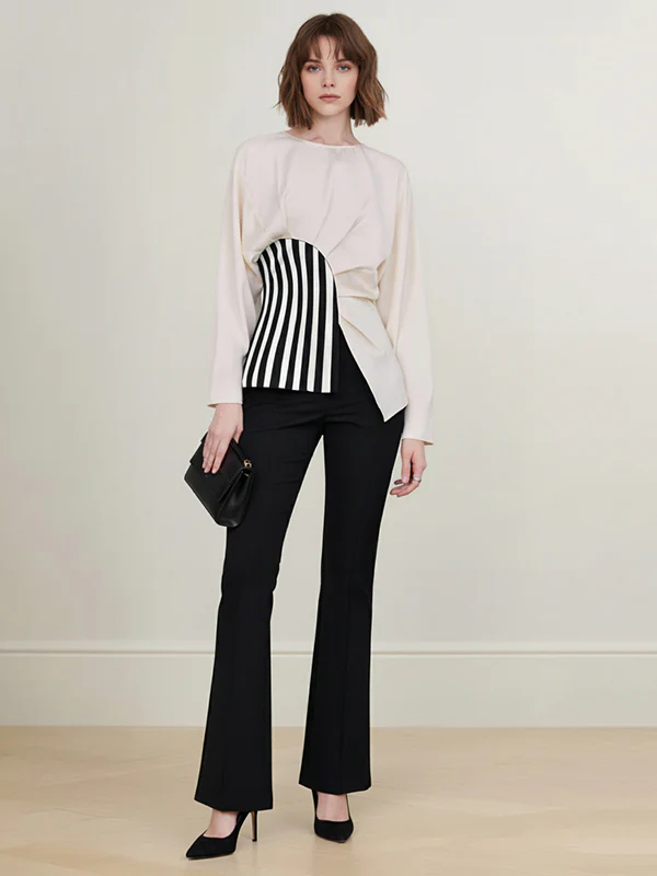 Irregularity Long Sleeves Asymmetric Pleated Split-Joint Striped Zipper Round-Neck Blouses&Shirts Tops - Image 9