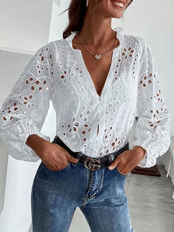 Irregularity Long Sleeves Buttoned Flower Shape Hollow See-Through Single-Breasted Solid Color Split-Joint V-Neck Blouses&Shirts Tops - Image 2