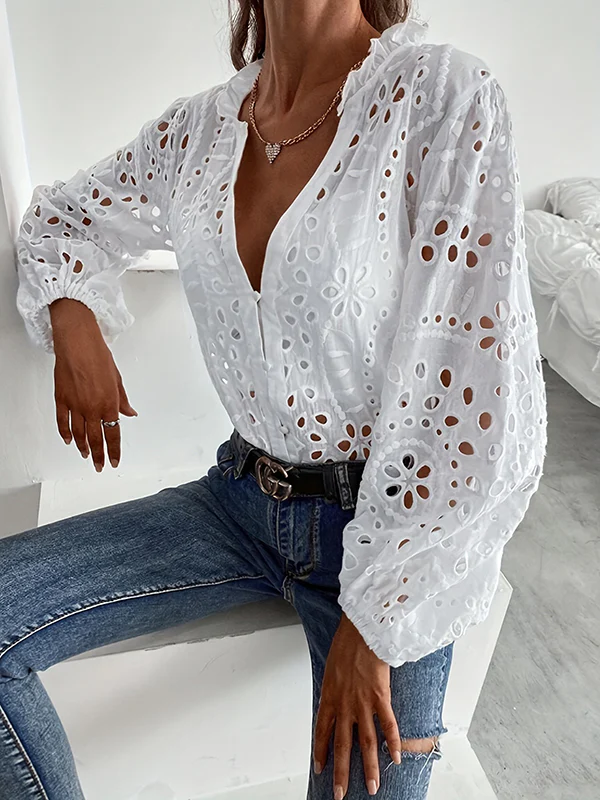 Irregularity Long Sleeves Buttoned Flower Shape Hollow See-Through Single-Breasted Solid Color Split-Joint V-Neck Blouses&Shirts Tops - Image 3