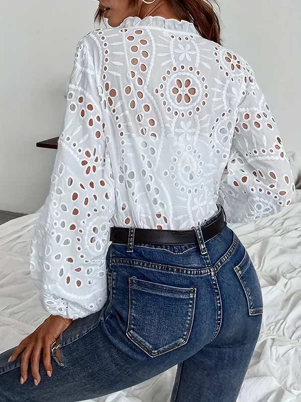 Irregularity Long Sleeves Buttoned Flower Shape Hollow See-Through Single-Breasted Solid Color Split-Joint V-Neck Blouses&Shirts Tops - Image 5