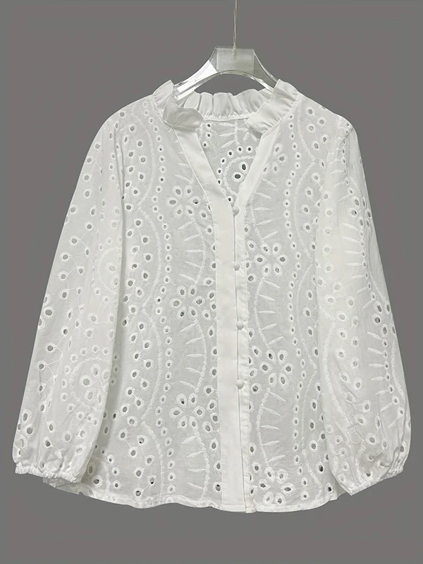 Irregularity Long Sleeves Buttoned Flower Shape Hollow See-Through Single-Breasted Solid Color Split-Joint V-Neck Blouses&Shirts Tops - Image 6
