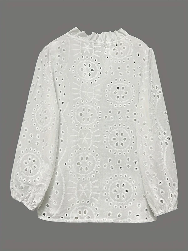 Irregularity Long Sleeves Buttoned Flower Shape Hollow See-Through Single-Breasted Solid Color Split-Joint V-Neck Blouses&Shirts Tops - Image 7