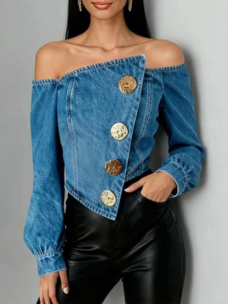 Irregularity Long Sleeves Buttoned Pleated Solid Color Split-Joint Off-The-Shoulder Blouses&Shirts Tops