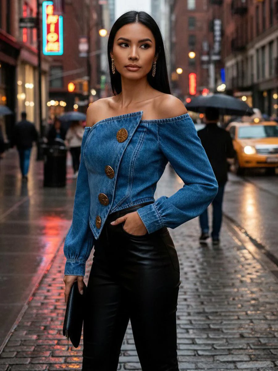 Irregularity Long Sleeves Buttoned Pleated Solid Color Split-Joint Off-The-Shoulder Blouses&Shirts Tops - Image 3
