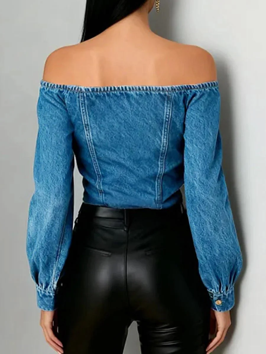 Irregularity Long Sleeves Buttoned Pleated Solid Color Split-Joint Off-The-Shoulder Blouses&Shirts Tops - Image 4