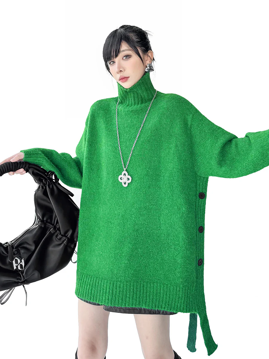 Irregularity Long Sleeves Buttoned Ribs Solid Color Split-Joint High Neck Sweater Tops - Image 10