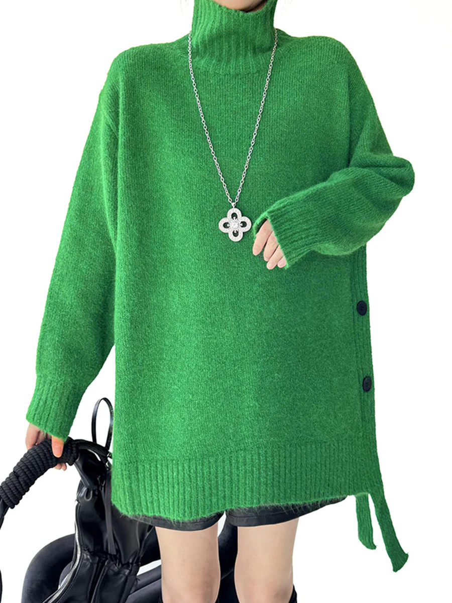 Irregularity Long Sleeves Buttoned Ribs Solid Color Split-Joint High Neck Sweater Tops - Image 11
