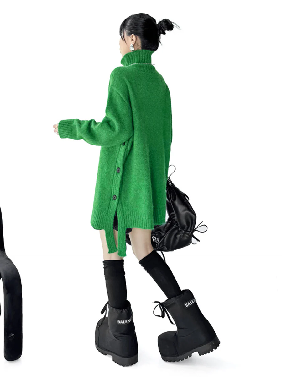Irregularity Long Sleeves Buttoned Ribs Solid Color Split-Joint High Neck Sweater Tops - Image 12