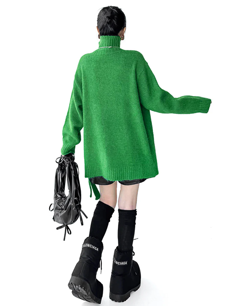 Irregularity Long Sleeves Buttoned Ribs Solid Color Split-Joint High Neck Sweater Tops - Image 13